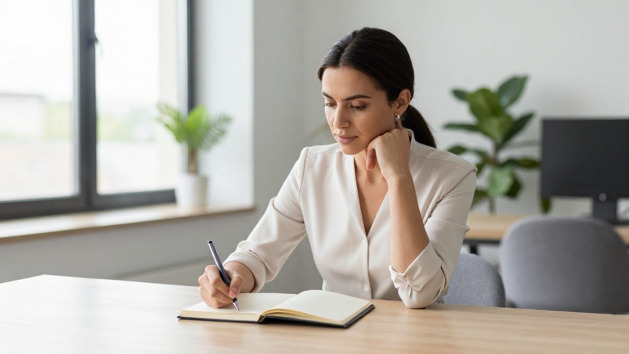 Mujer sentada en un escritorio moderno escribiendo en un diario con expresión de concentración y reflexión profunda.