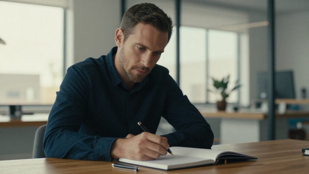 Un hombre con expresión reflexiva contempla un cuaderno en blanco sobre un escritorio de madera en una oficina iluminada por luz natural.
