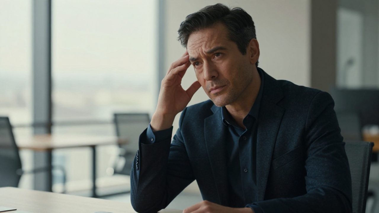 Hombre de mediana edad con expresión de tensión y concentración, sentado ante un escritorio mientras se lleva la mano a la sien en un entorno de oficina moderna.