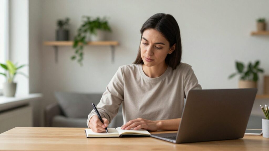 Mujer profesional concentrada trabajando en un escritorio organizado y luminoso, tomando notas en un cuaderno mientras procesa información frente a su ordenador.