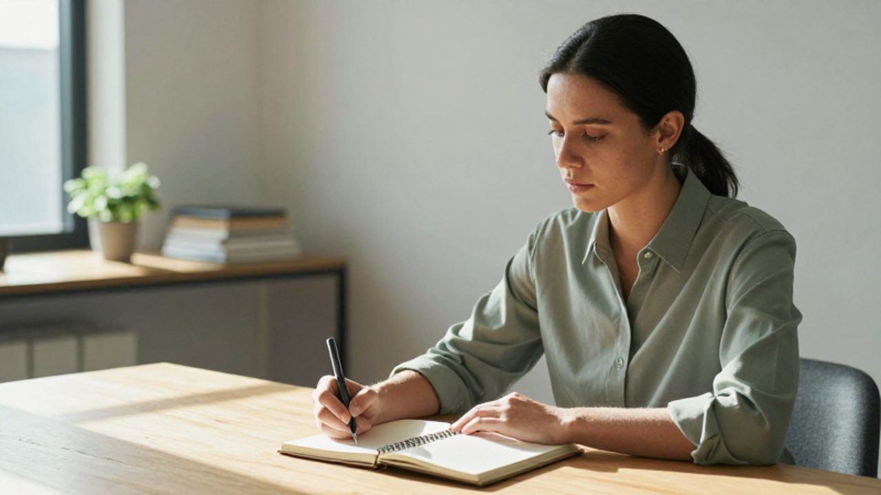 Persona sentada en un escritorio luminoso y ordenado, escribiendo en un cuaderno con expresión reflexiva y tranquila.