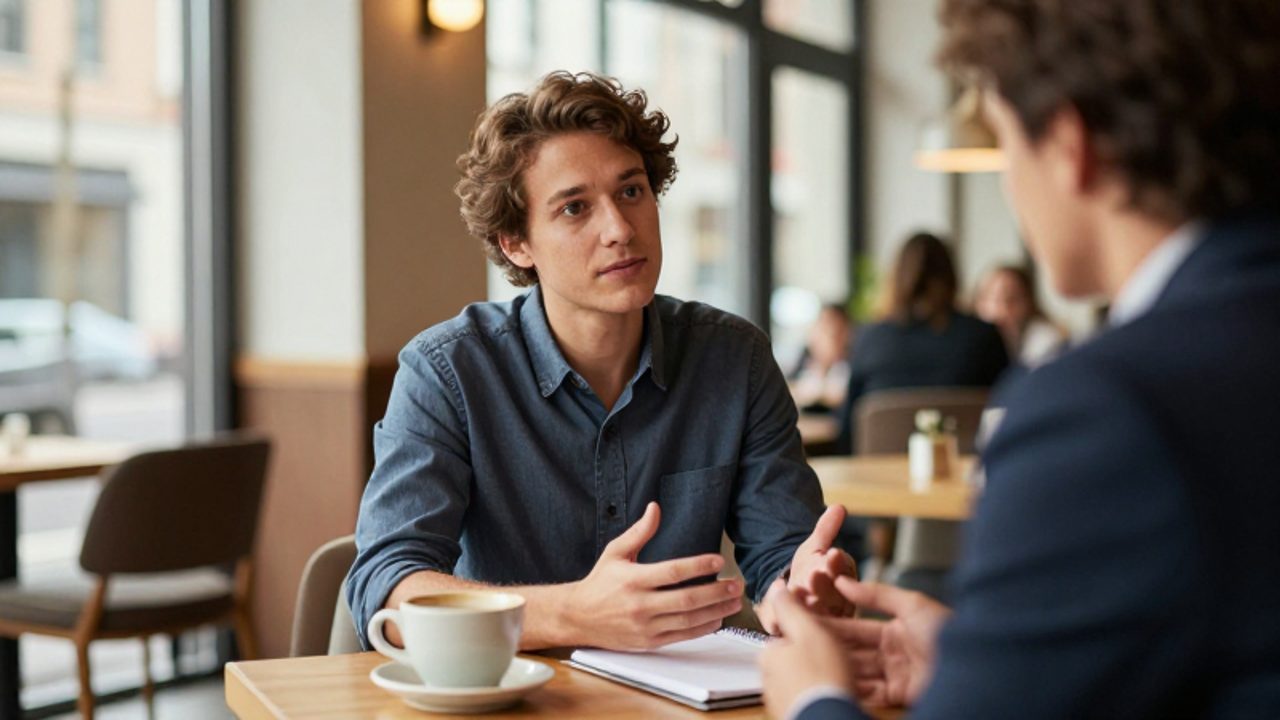 Una persona con actitud tranquila y segura conversa con un colega en un café iluminado, transmitiendo una sensación de conexión emocional saludable.