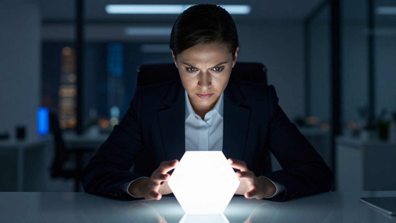 Persona con expresión de concentración y conflicto interno frente a una figura geométrica brillante en un escritorio de oficina nocturna.