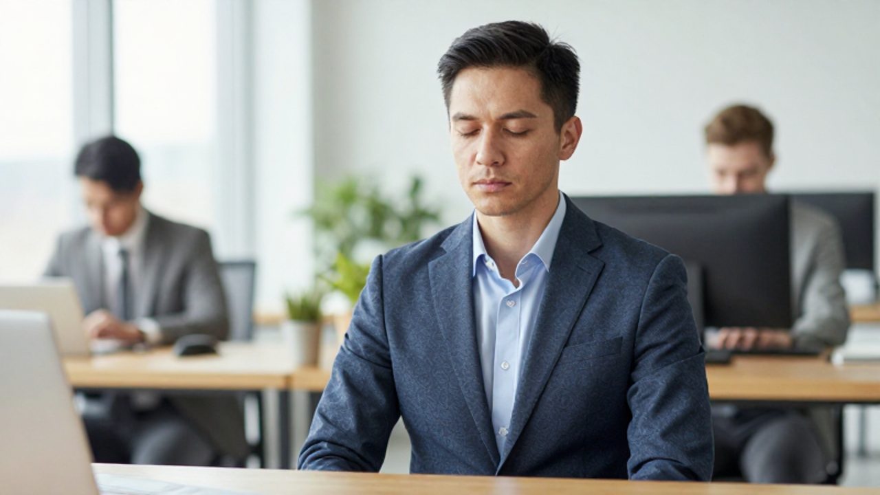 Persona en una oficina moderna manteniendo un momento de calma y reflexión para recuperar el enfoque durante una jornada laboral activa.