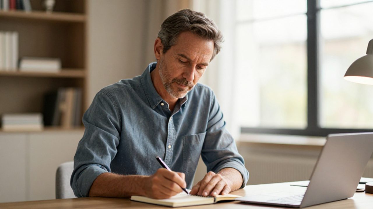 Persona de mediana edad con expresión reflexiva escribiendo en un cuaderno dentro de una oficina iluminada por el sol.