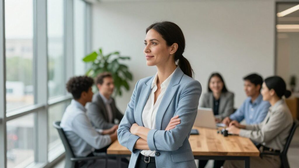 Mujer profesional sonriente en una oficina moderna y luminosa con un equipo de trabajo colaborando de fondo.