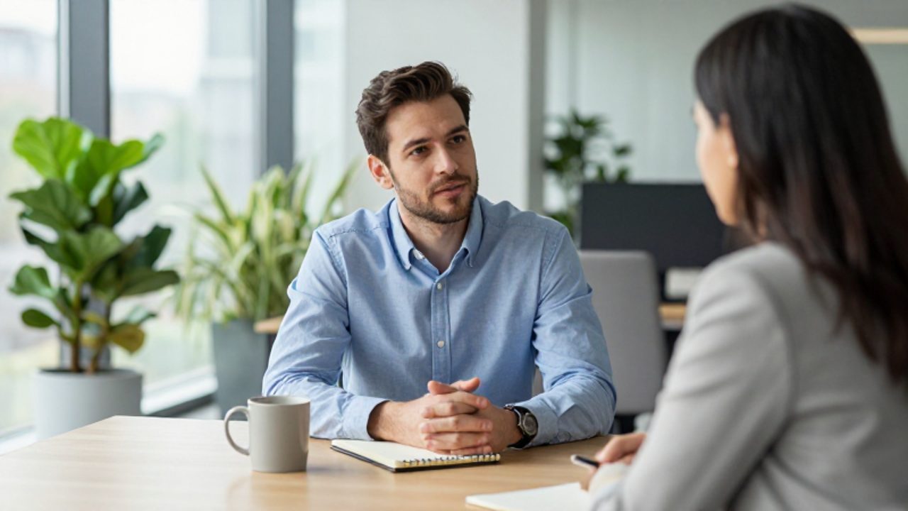 Dos profesionales mantienen una conversación tranquila y colaborativa en una oficina moderna y luminosa.