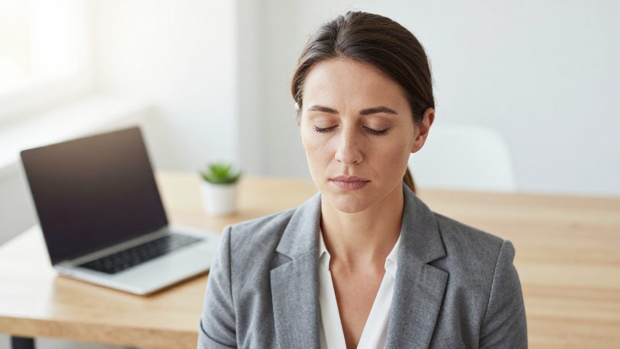 Mujer con expresión serena y ojos cerrados en un escritorio de oficina, reflejando un momento de calma y equilibrio emocional.