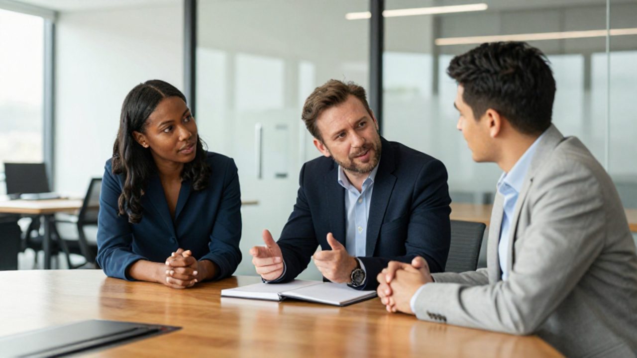Tres profesionales conversan de forma constructiva alrededor de una mesa en una oficina moderna, mostrando una actitud de escucha activa y colaboración.