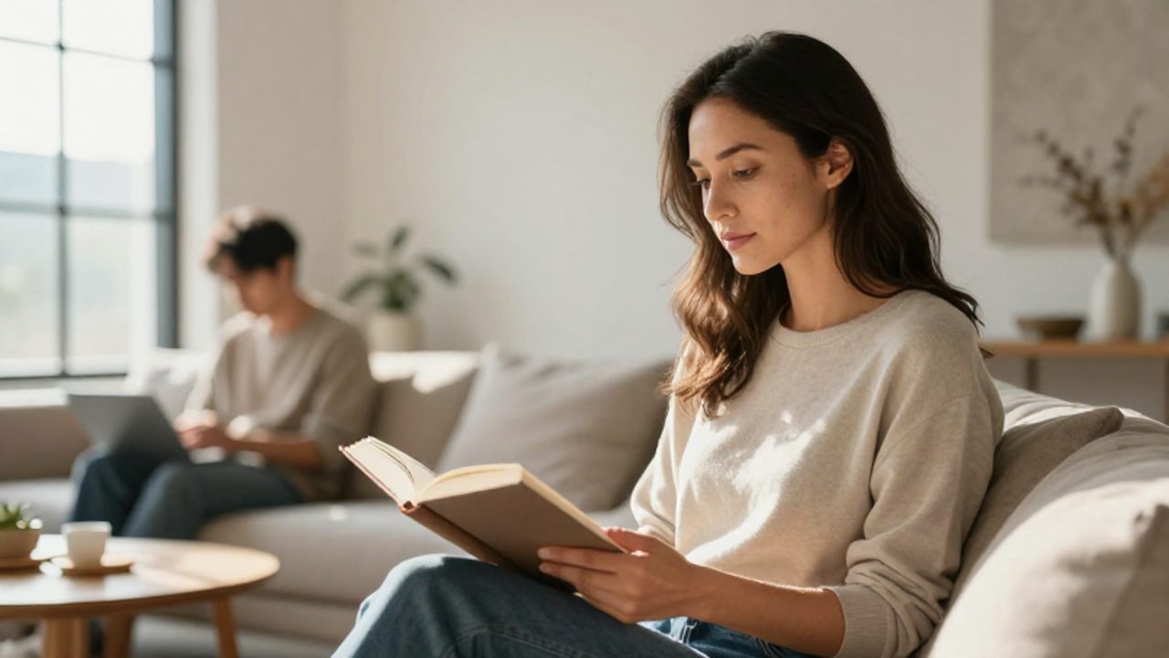 Mujer serena leyendo un libro en una sala luminosa mientras su pareja se encuentra al fondo realizando una actividad distinta, reflejando bienestar y autonomía en la convivencia.