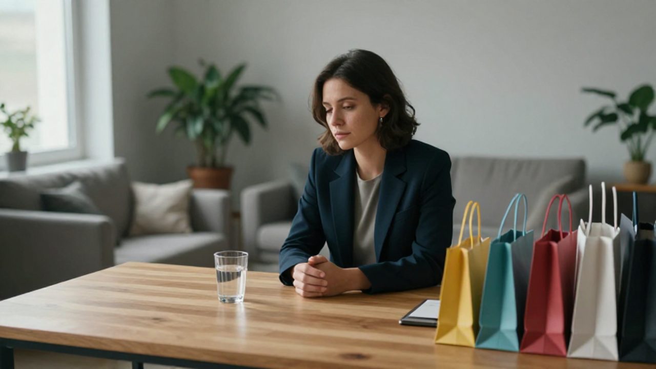 Persona con expresión melancólica sentada ante un escritorio con bolsas de compras vacías, reflejando el vacío de la gratificación inmediata.