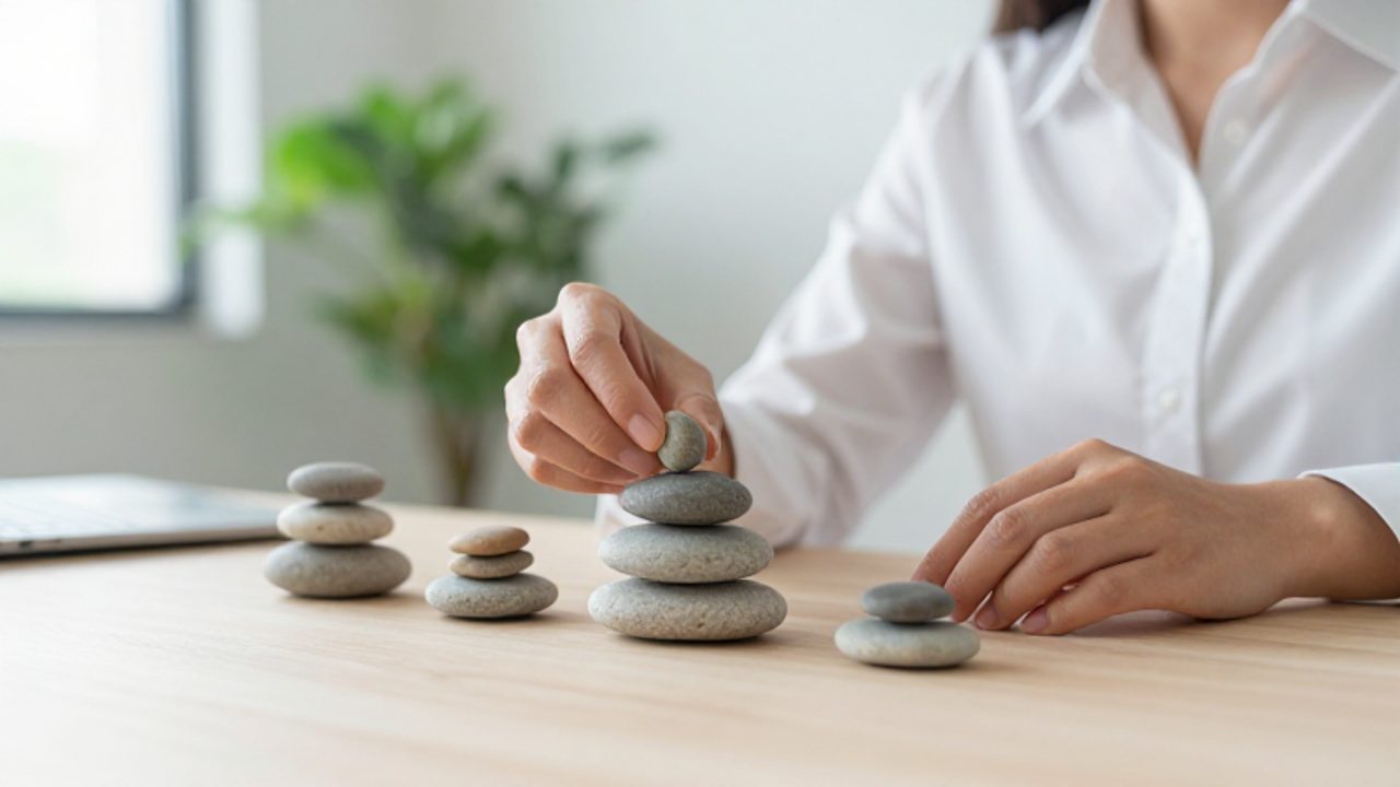 Una persona equilibra con cuidado una pequeña piedra sobre una pila de rocas en un escritorio despejado, transmitiendo una sensación de paciencia y progreso gradual.
