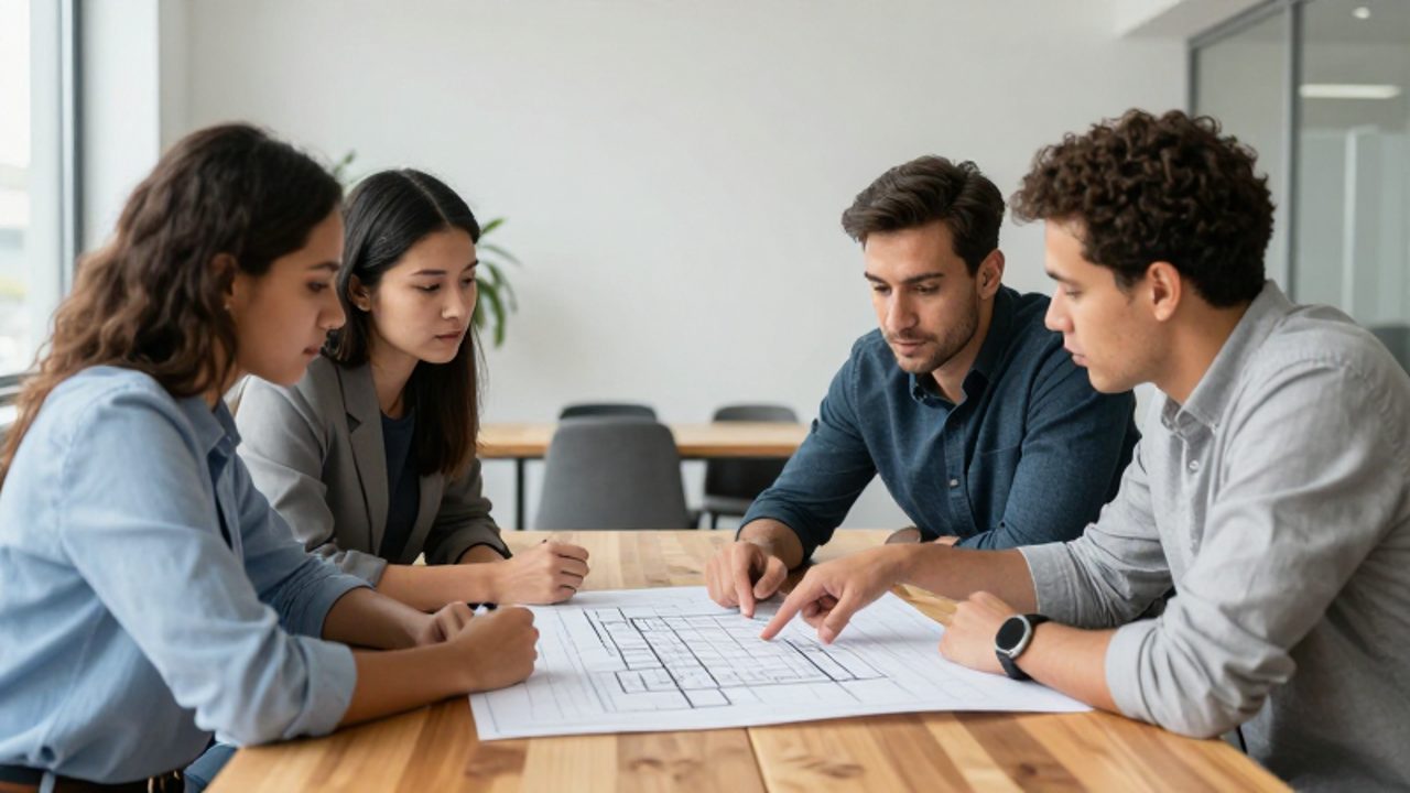 Grupo de profesionales diversos colaborando intensamente alrededor de una mesa mientras analizan un plano arquitectónico en un entorno de oficina moderno.