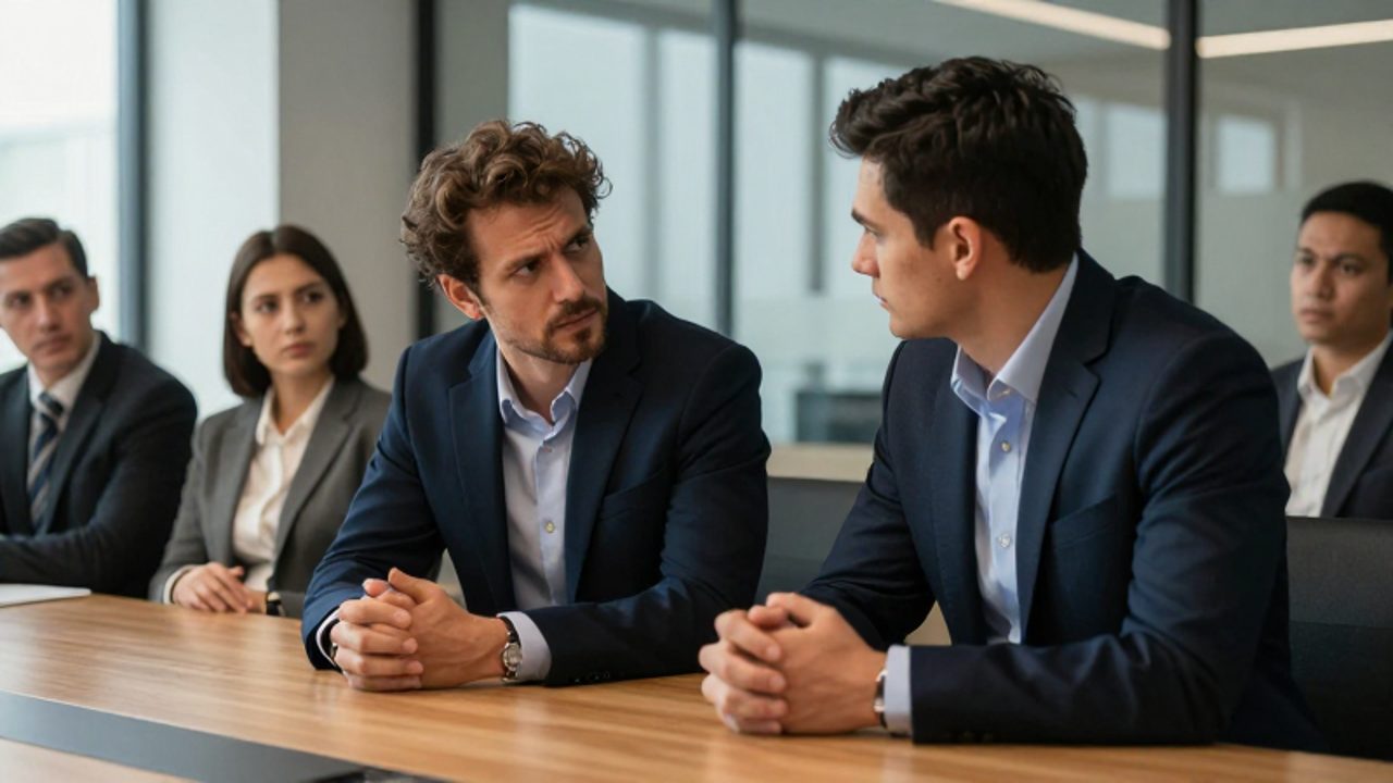 Un equipo de profesionales en una sala de juntas muestra expresiones de tensión y seriedad mientras mantienen una discusión con puntos de vista opuestos.