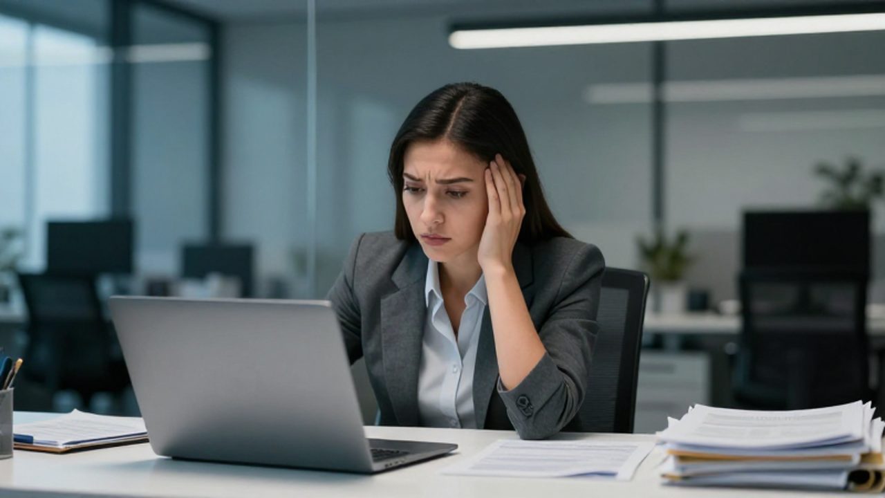 Un empleado sentado en un escritorio de oficina con expresión de agotamiento y fatiga mental ante un espacio de trabajo desordenado.