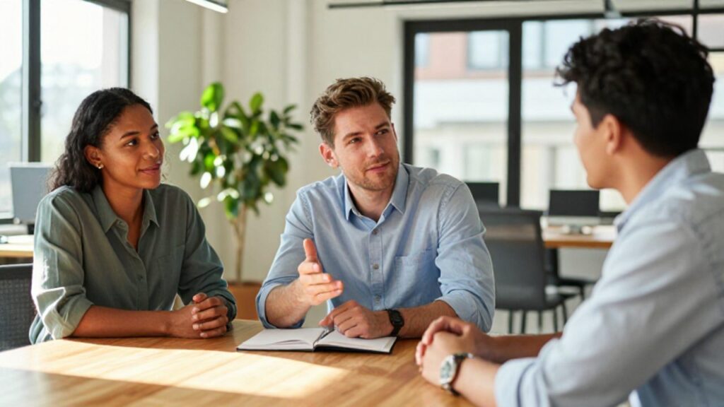 Tres colegas de diversos orígenes mantienen una conversación colaborativa y positiva alrededor de una mesa en una oficina moderna y luminosa.