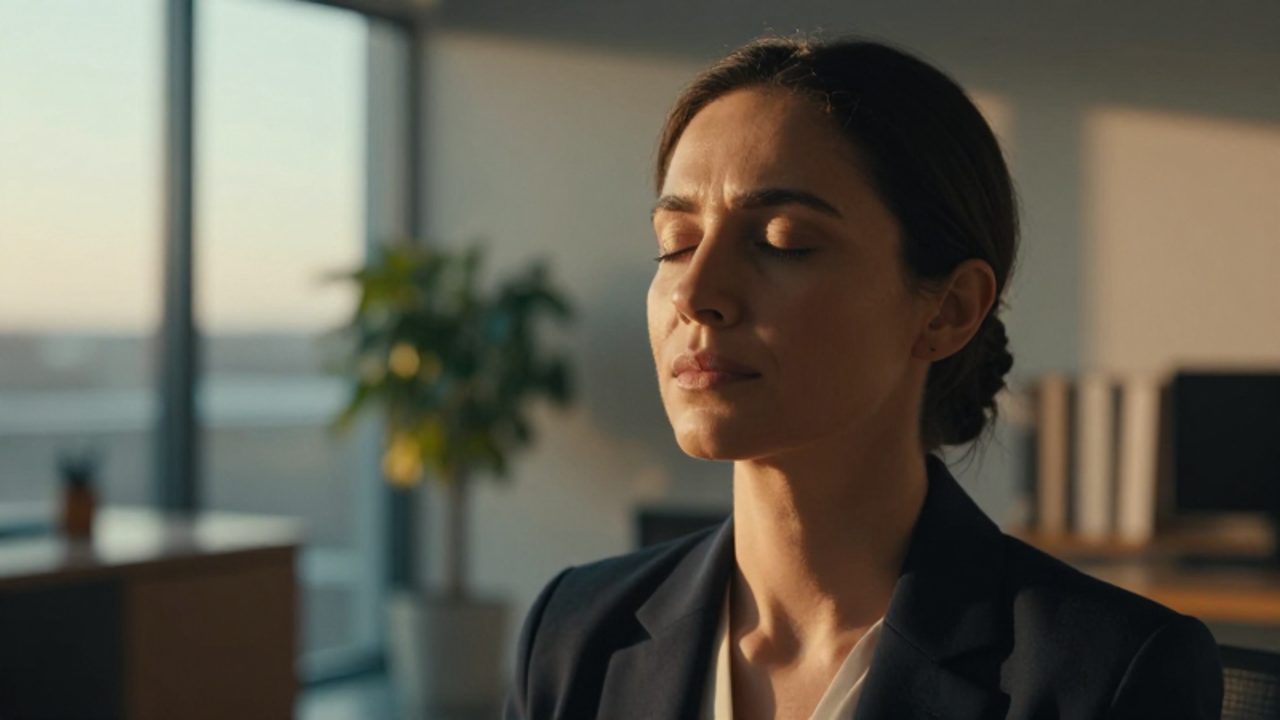 Mujer profesional con expresión serena y ojos cerrados, sentada en una oficina luminosa que transmite tranquilidad y claridad mental.