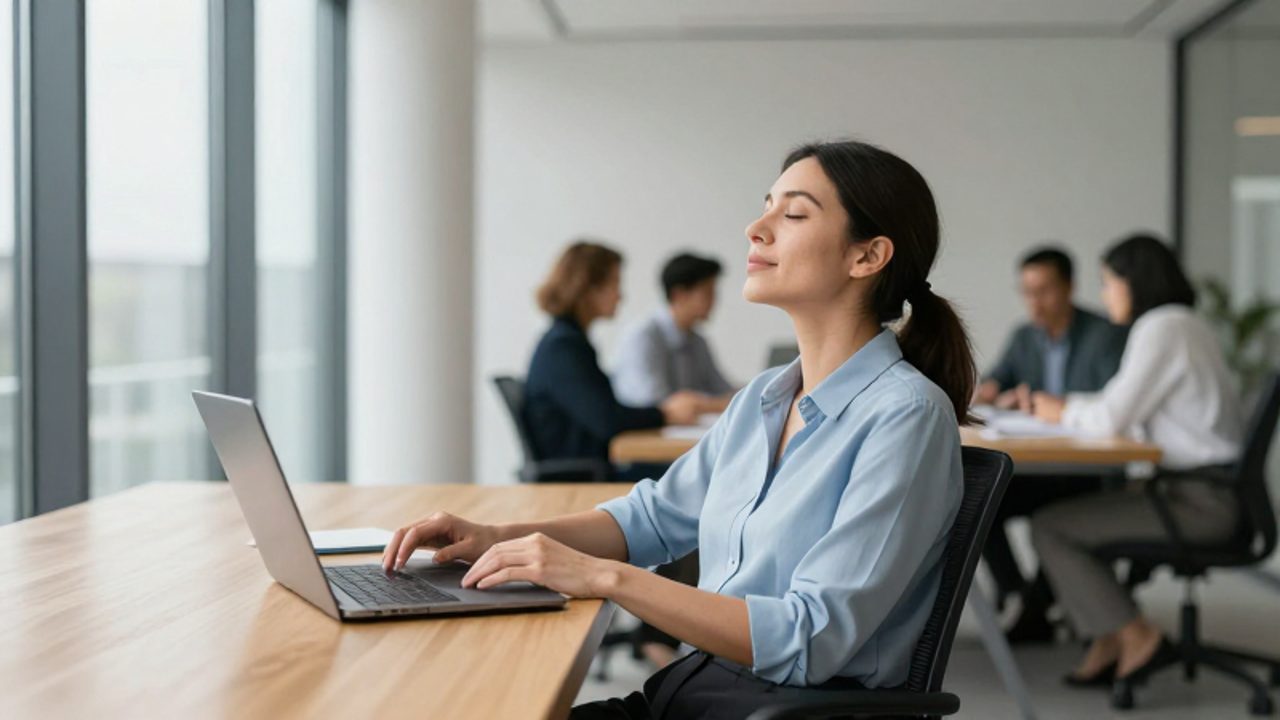 Una mujer profesional en una oficina moderna exhala con alivio y relajación mientras mira hacia una ventana, con su equipo trabajando al fondo.