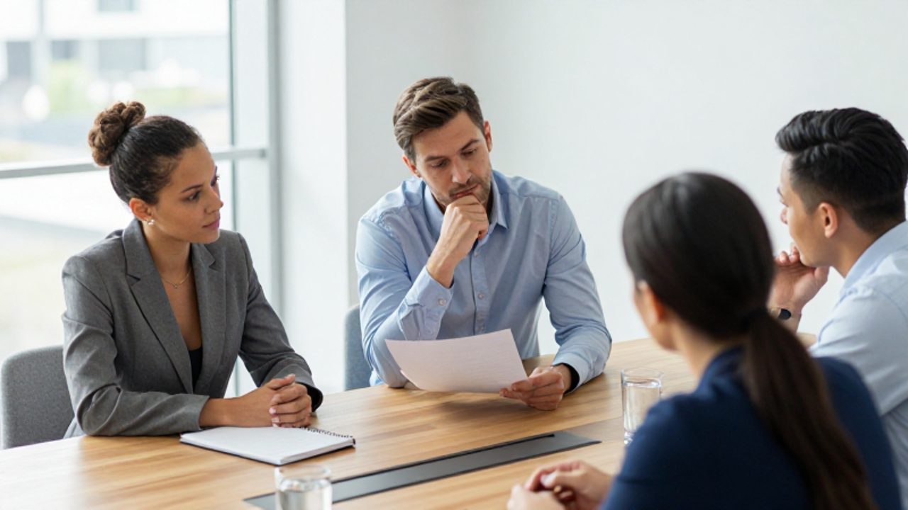 Tres profesionales mantienen una discusión analítica alrededor de una mesa en una oficina moderna y luminosa.