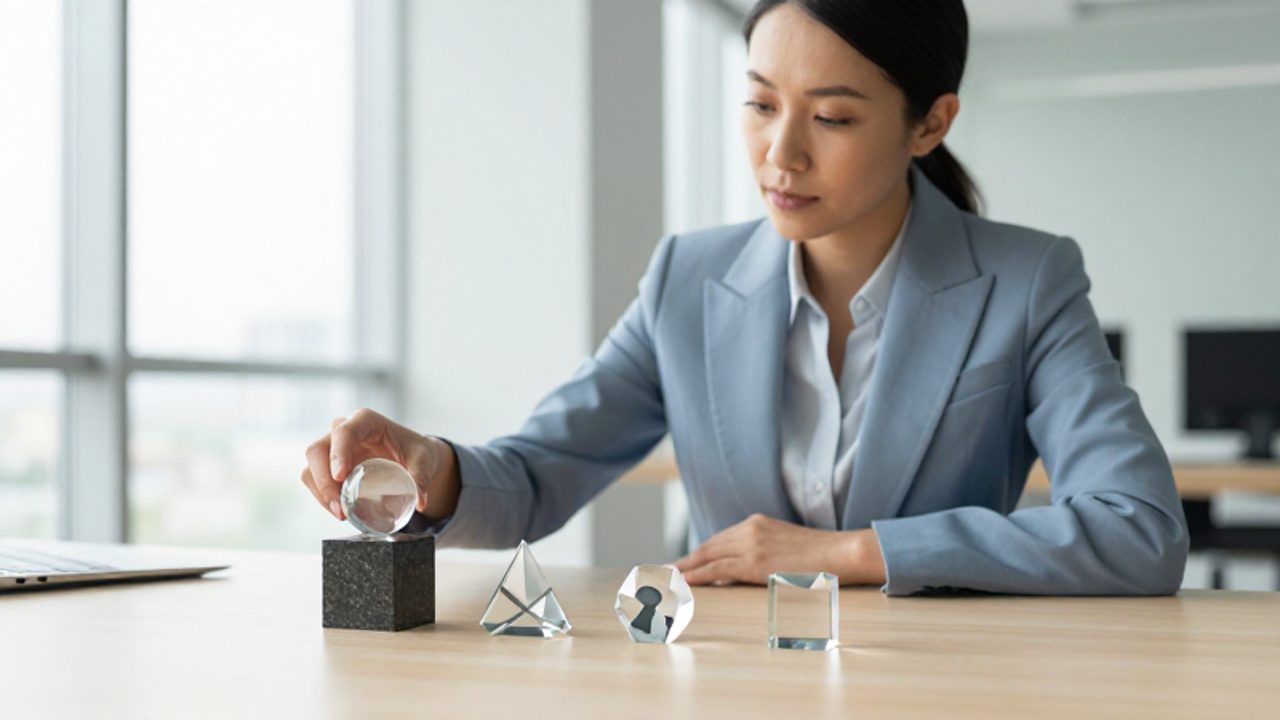 Mujer profesional en una oficina moderna organiza figuras geométricas de cristal sobre un escritorio, alejando una esfera de un bloque de granito para simbolizar la liberación de un anclaje cognitivo.