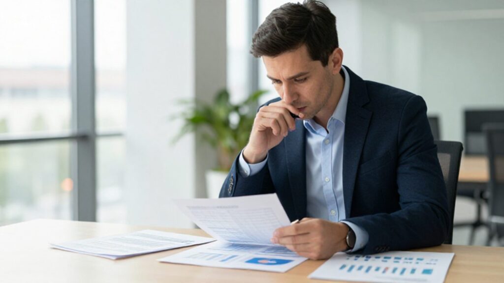 Hombre en una oficina moderna analizando con atención diversos gráficos y tablas de datos impresos sobre su escritorio.