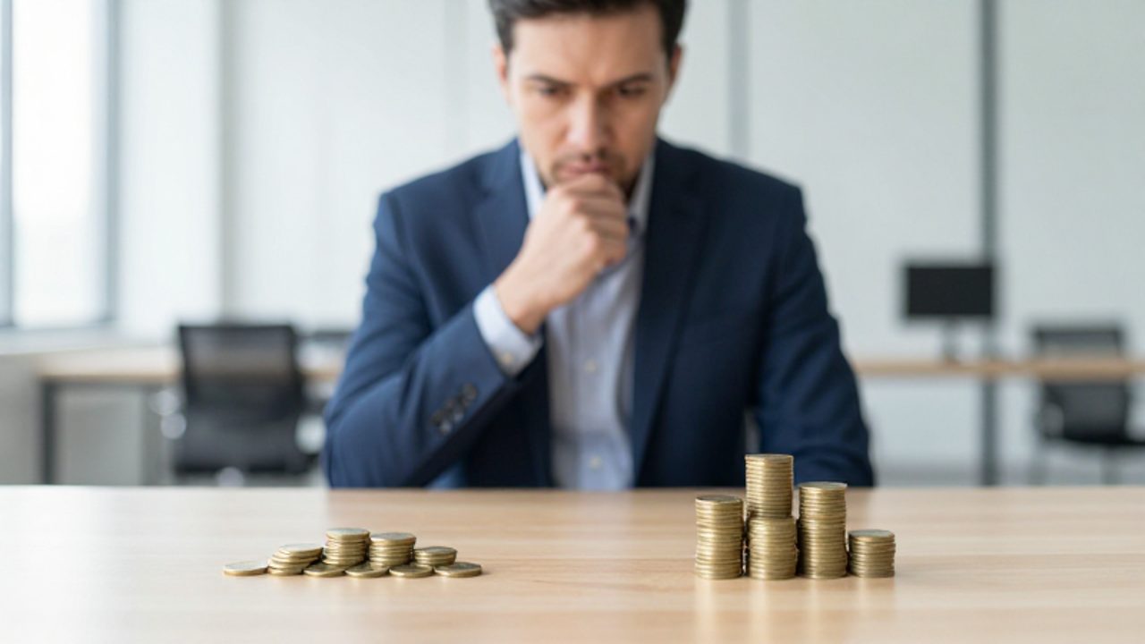 Un hombre reflexiona con duda ante dos montones de monedas sobre un escritorio, uno pequeño y seguro, y otro más grande pero envuelto en sombras.