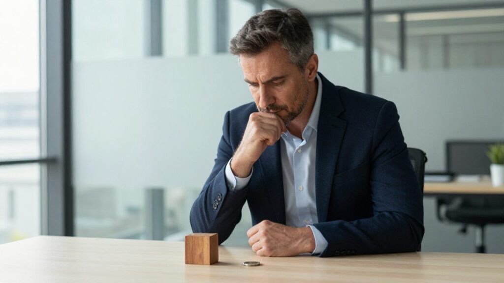 Hombre con expresión pensativa observa un bloque de madera y una moneda sobre su escritorio en una oficina moderna.