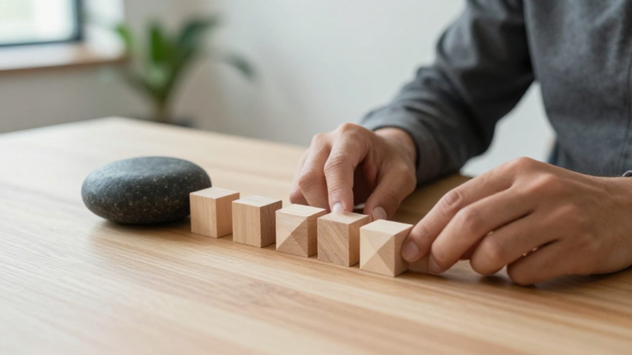 Manos de una persona organizando bloques de madera sobre un escritorio, siendo atraídos hacia una piedra oscura que actúa como punto de referencia.