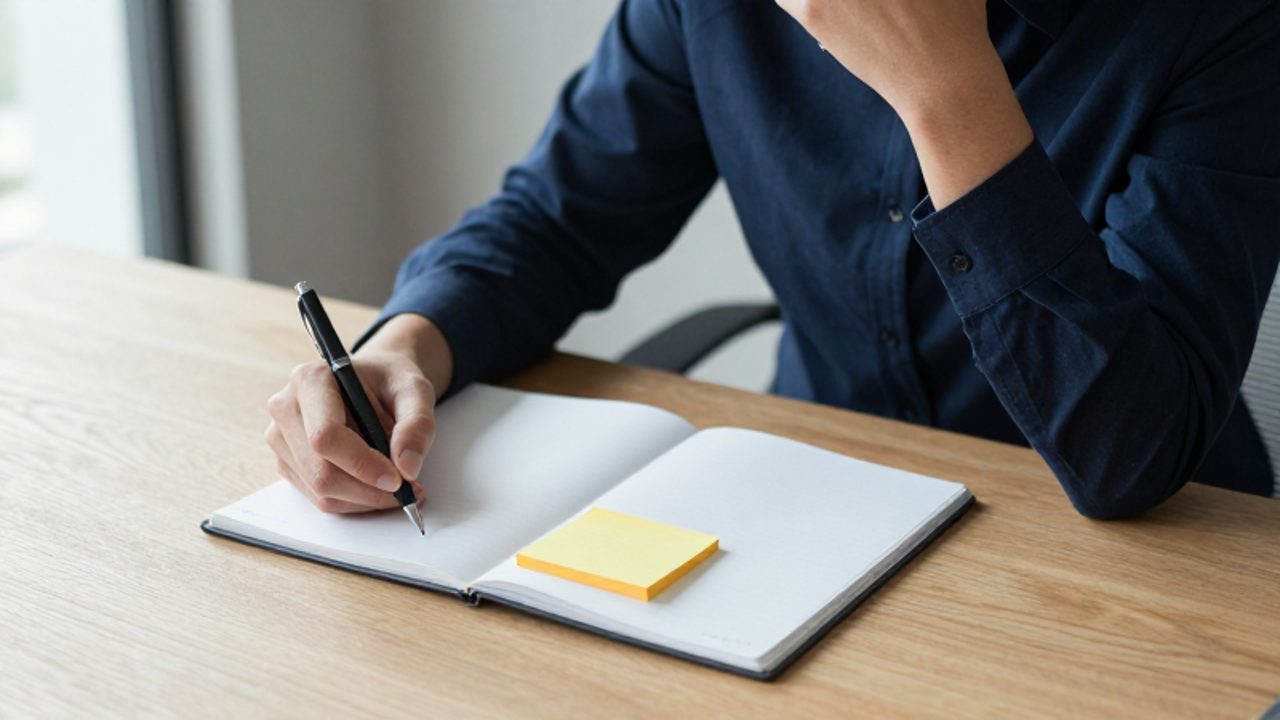 Persona sentada en un escritorio minimalista mirando con duda una única nota adhesiva de color brillante sobre un cuaderno blanco.