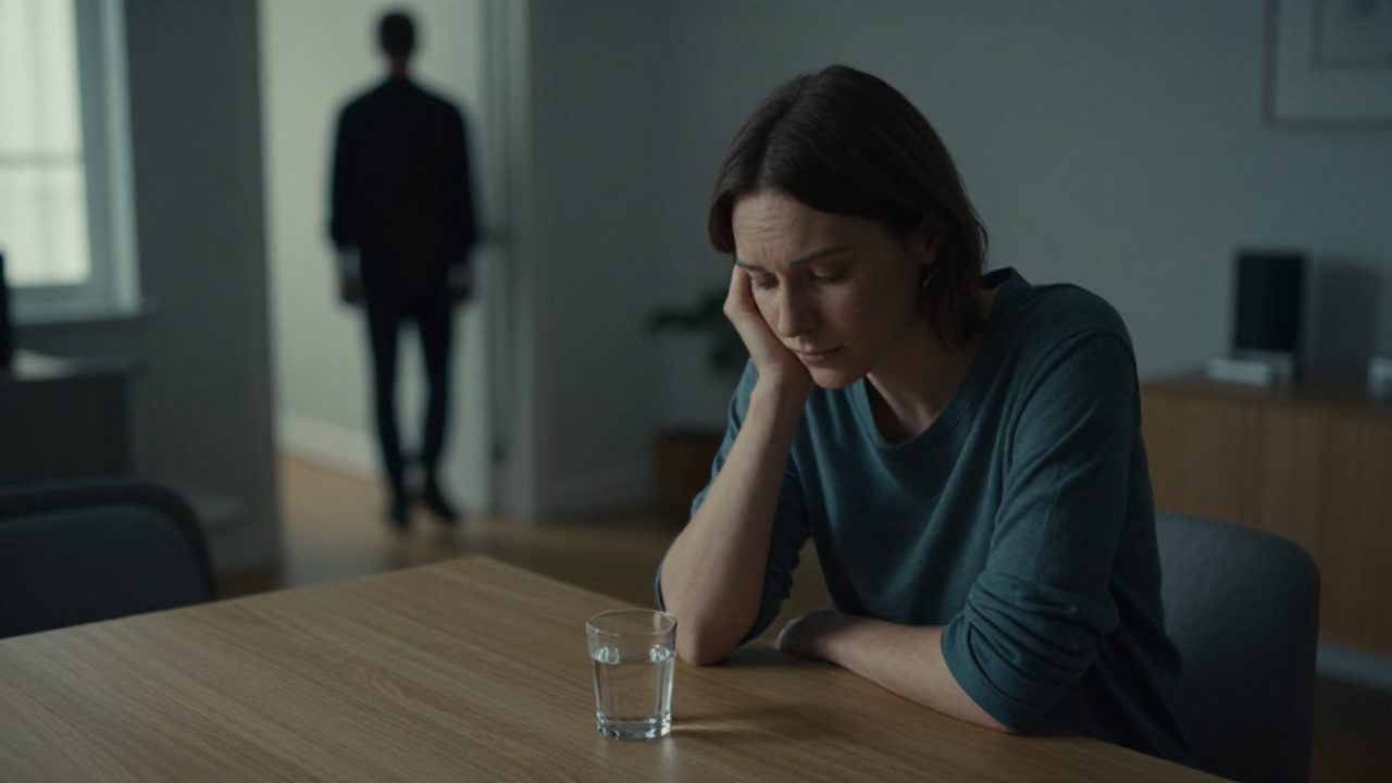 Persona sentada sola con expresión melancólica frente a una mesa, mientras una silueta borrosa al fondo refuerza la sensación de soledad y distancia emocional.