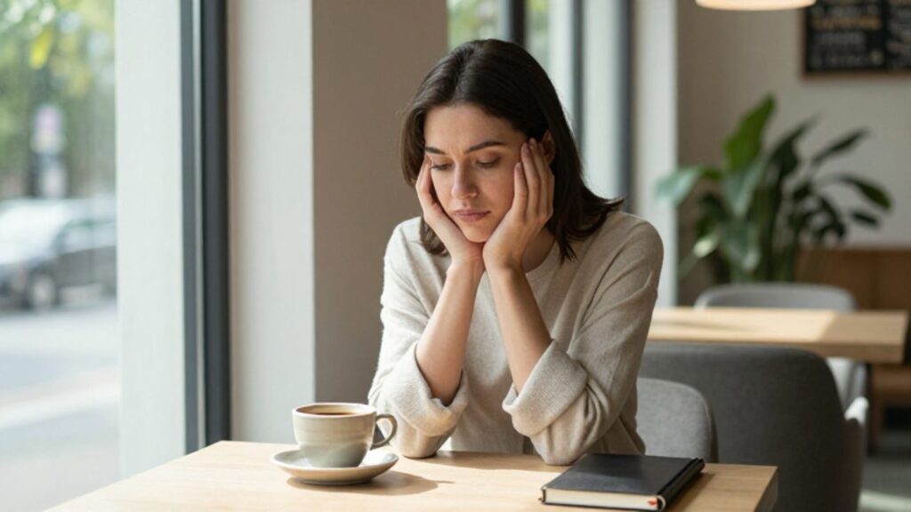 Mujer con expresión vulnerable sentada sola en un café iluminado, mirando sus manos junto a un cuaderno en un momento de introspección.