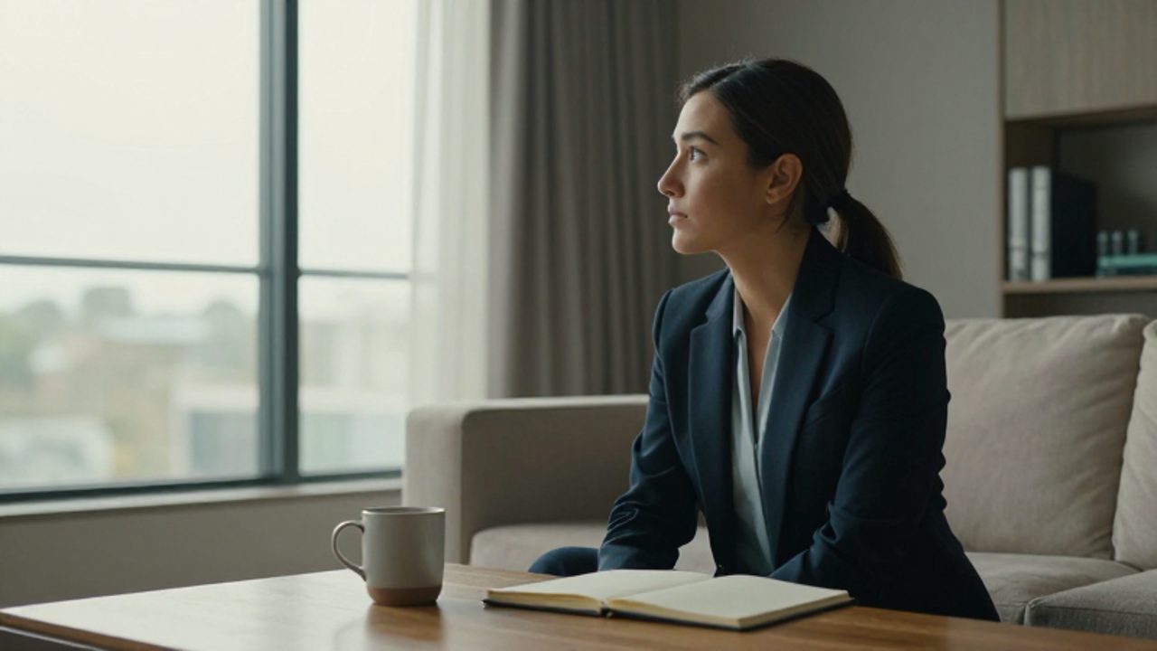 Mujer sentada en una sala minimalista mirando pensativa por la ventana junto a un cuaderno y una taza, reflejando un momento de introspección y calma.