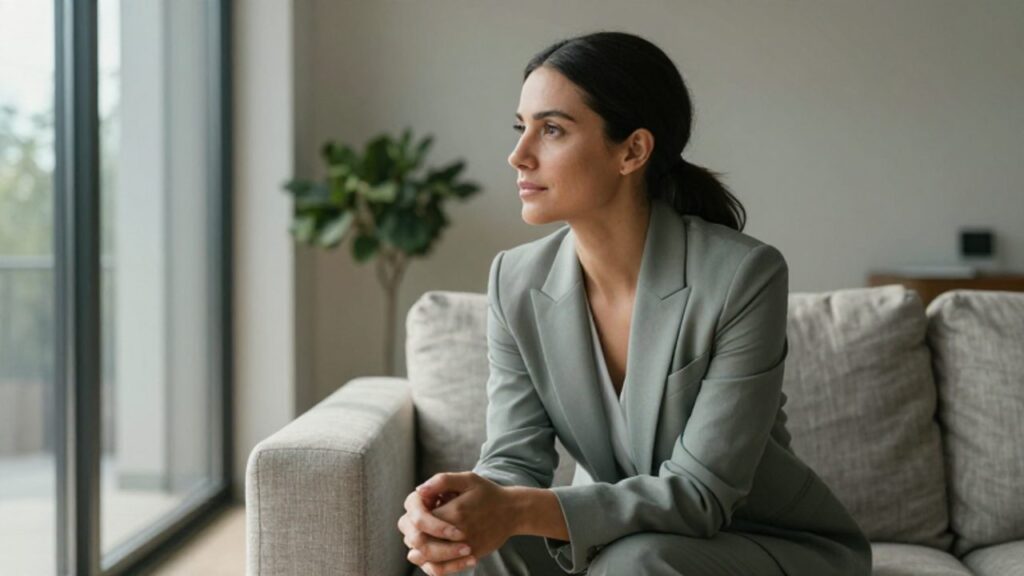 Mujer sentada en un sofá moderno mirando hacia una ventana con expresión de reflexión tranquila en un entorno luminoso y apacible.