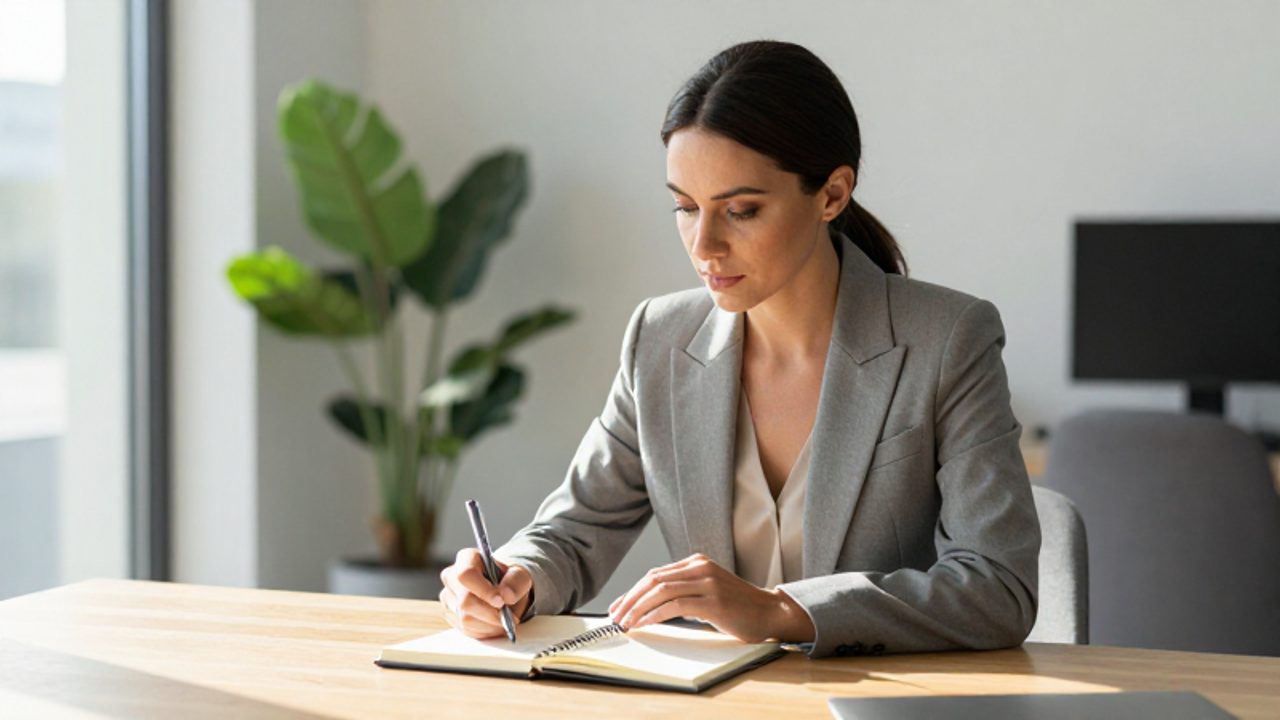 Mujer en una oficina luminosa reflexionando mientras observa un diario manuscritura sobre su escritorio.
