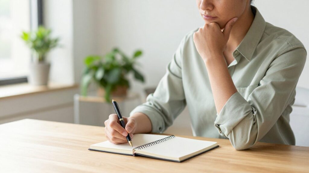 Persona sentada en un escritorio luminoso reflexionando frente a un diario y una pluma.