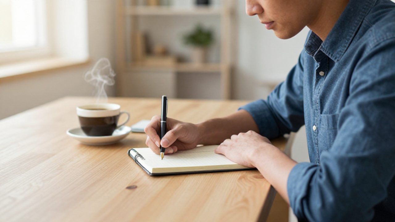 Persona sentada en un escritorio iluminado escribiendo con concentración en un diario para reflexionar sobre sus objetivos.