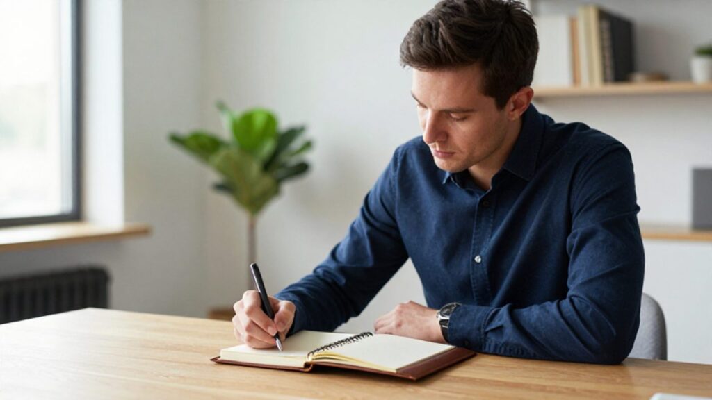 Hombre sentado en un escritorio luminoso escribiendo reflexivamente en un diario de cuero.