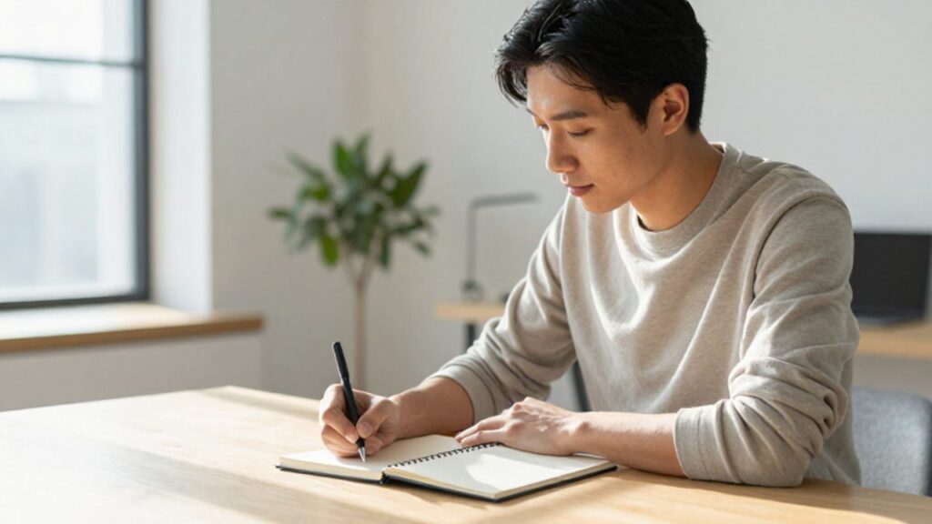 Persona concentrada escribiendo en un cuaderno sobre un escritorio de madera en una oficina luminosa y despejada.