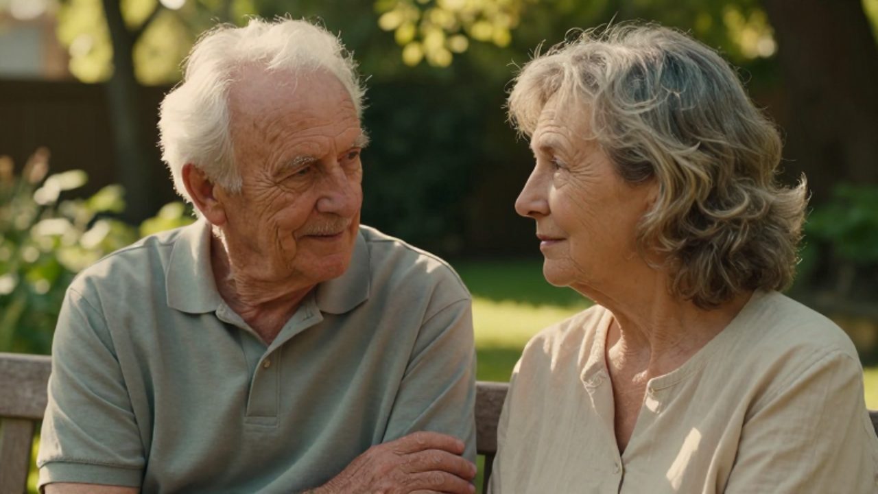 Pareja de adultos mayores sentada en un jardín soleado, con expresiones de serenidad y cercanía mientras comparten un momento de calma.