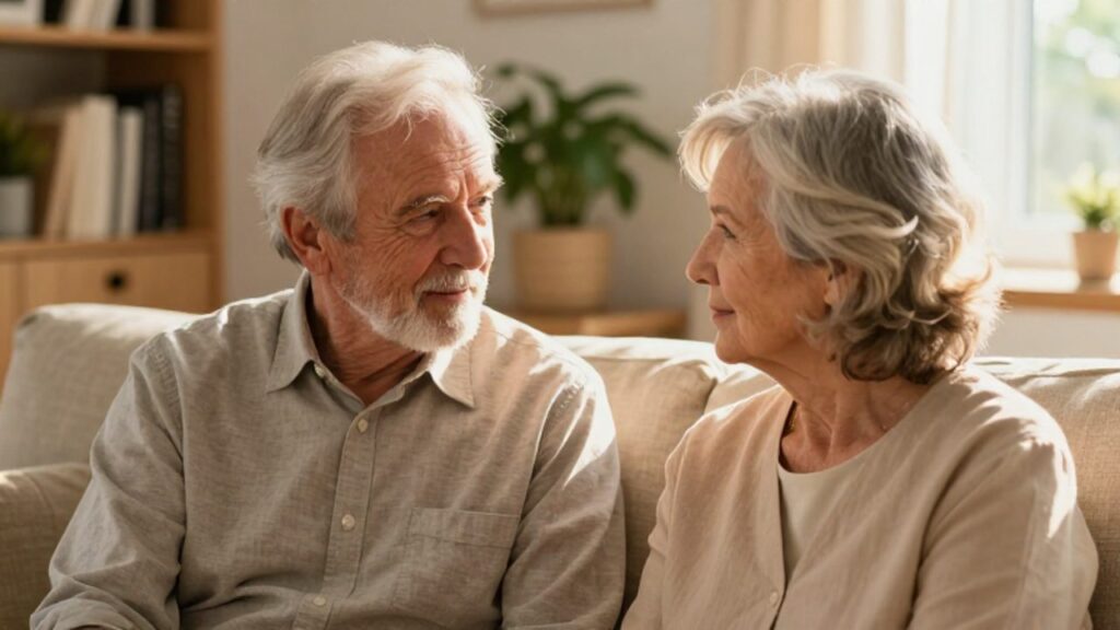 Pareja de adultos mayores sentados en un sofá, mirándose con atención y empatía durante una conversación cercana en una sala acogedora.