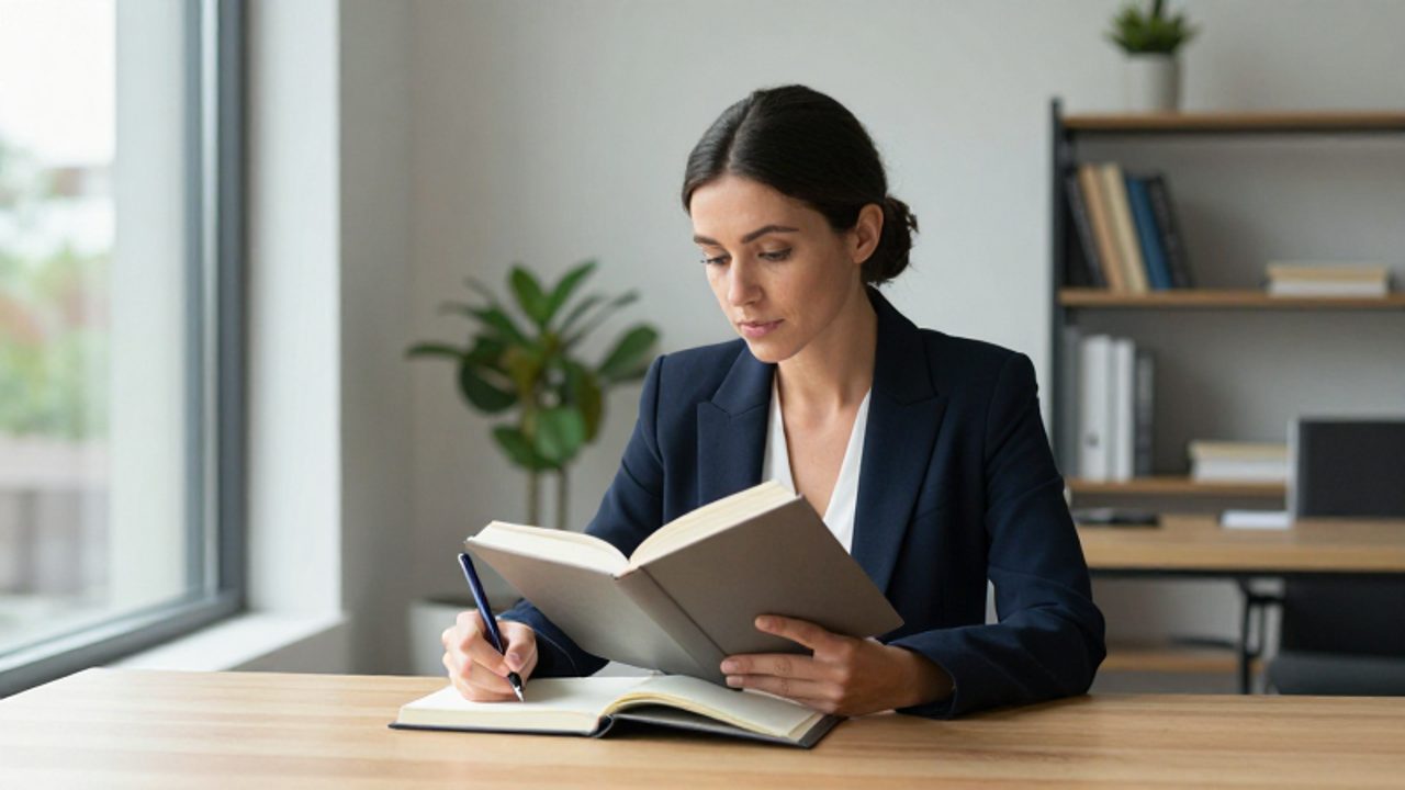 Mujer profesional sentada en un escritorio moderno, leyendo un libro y tomando notas con expresión reflexiva frente a una ventana.