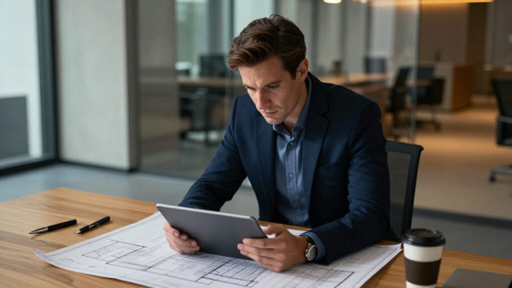 Hombre en una oficina moderna mirando un plano con expresión de excesiva confianza y determinación.