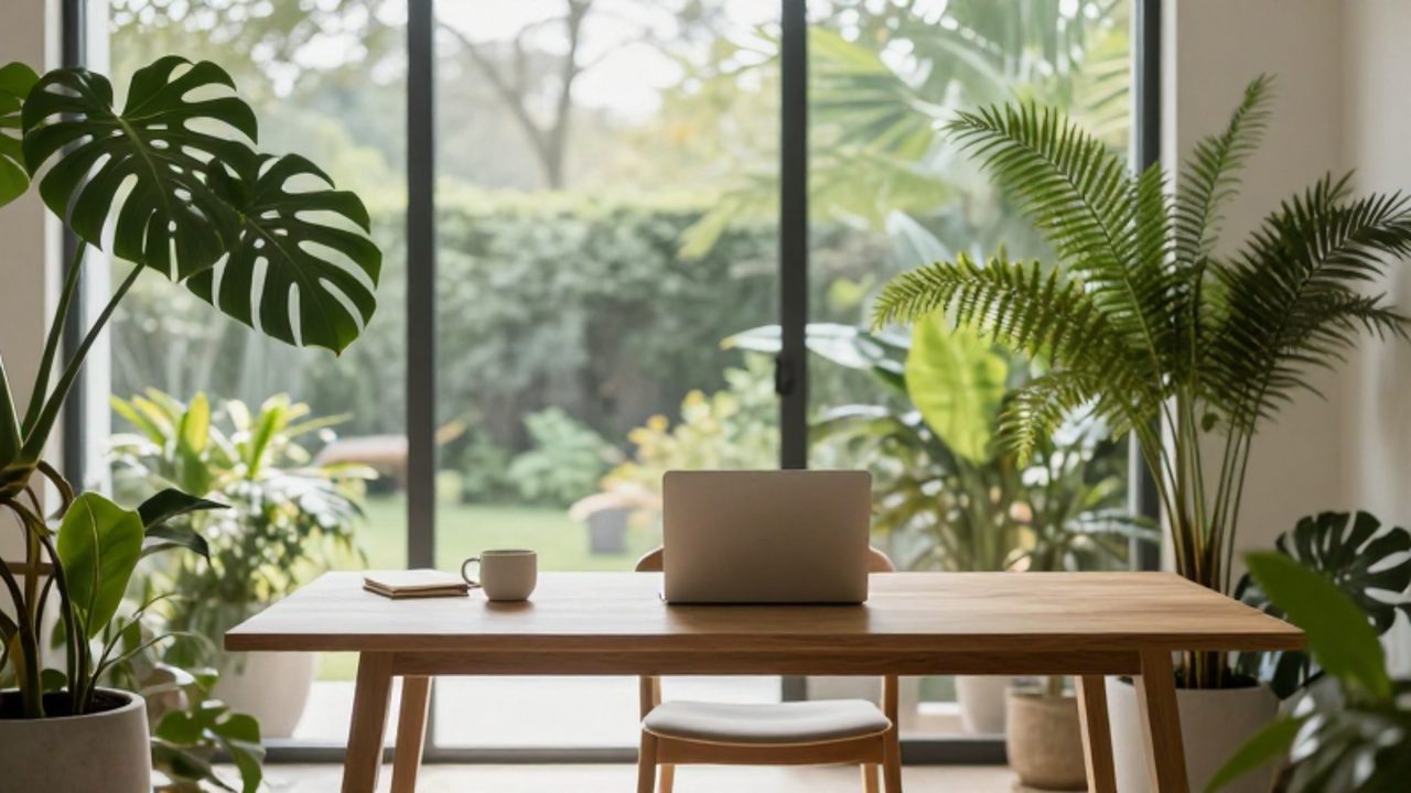 Escritorio de madera minimalista junto a un gran ventanal con plantas verdes y luz natural suave.