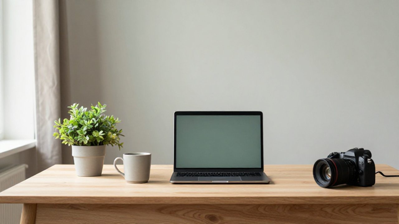 Escritorio de madera ordenado en una oficina luminosa con un portátil, una taza de cerámica y una planta pequeña, creando un ambiente de calma y concentración.