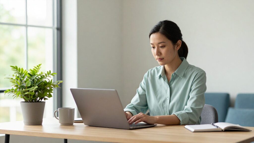 Persona trabajando concentrada en un escritorio minimalista y ordenado con plantas y luz natural en una oficina en casa.