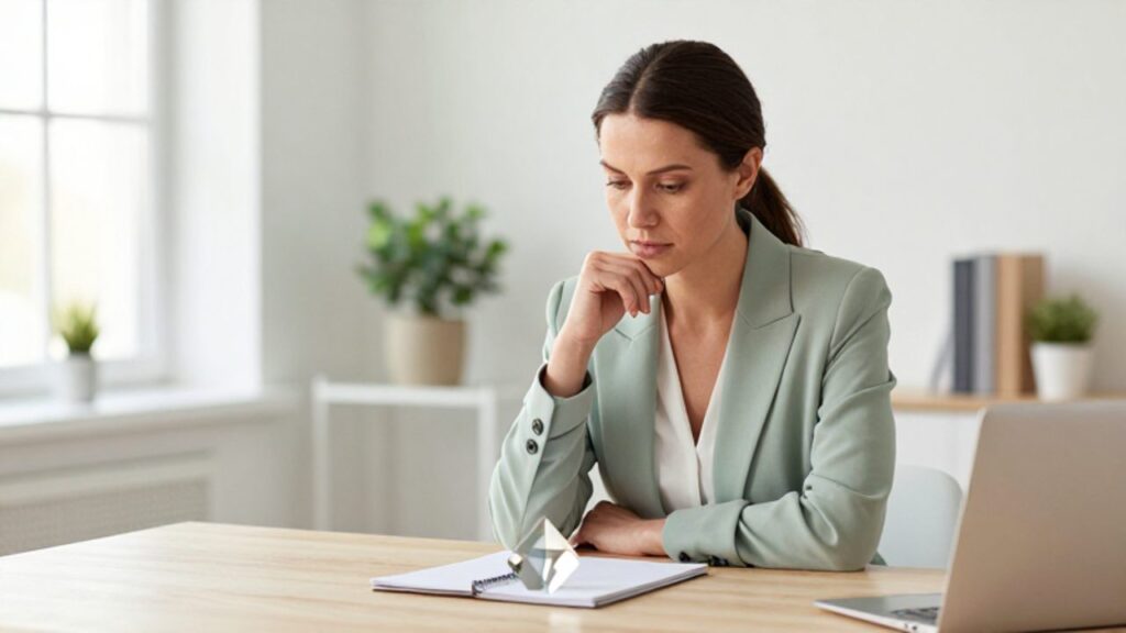 Mujer pensativa sentada en un escritorio luminoso que observa un prisma de cristal, transmitiendo una sensación de introspección y claridad mental.