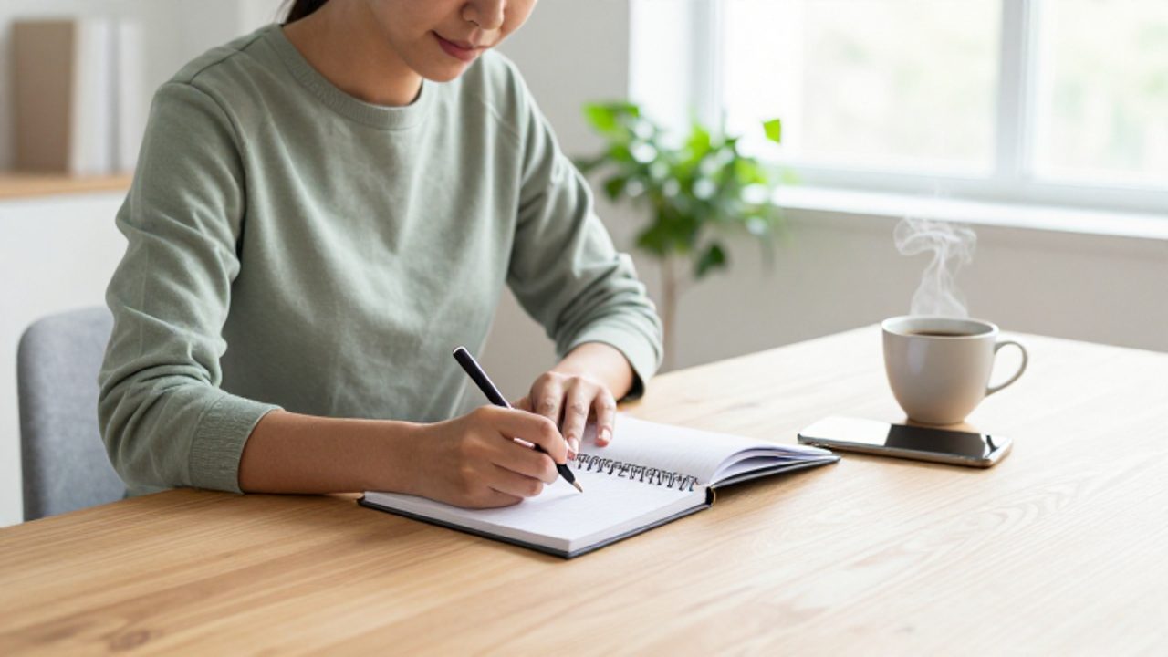 Persona concentrada escribiendo en una agenda sobre un escritorio organizado en una oficina luminosa, transmitiendo una sensación de orden y claridad mental.