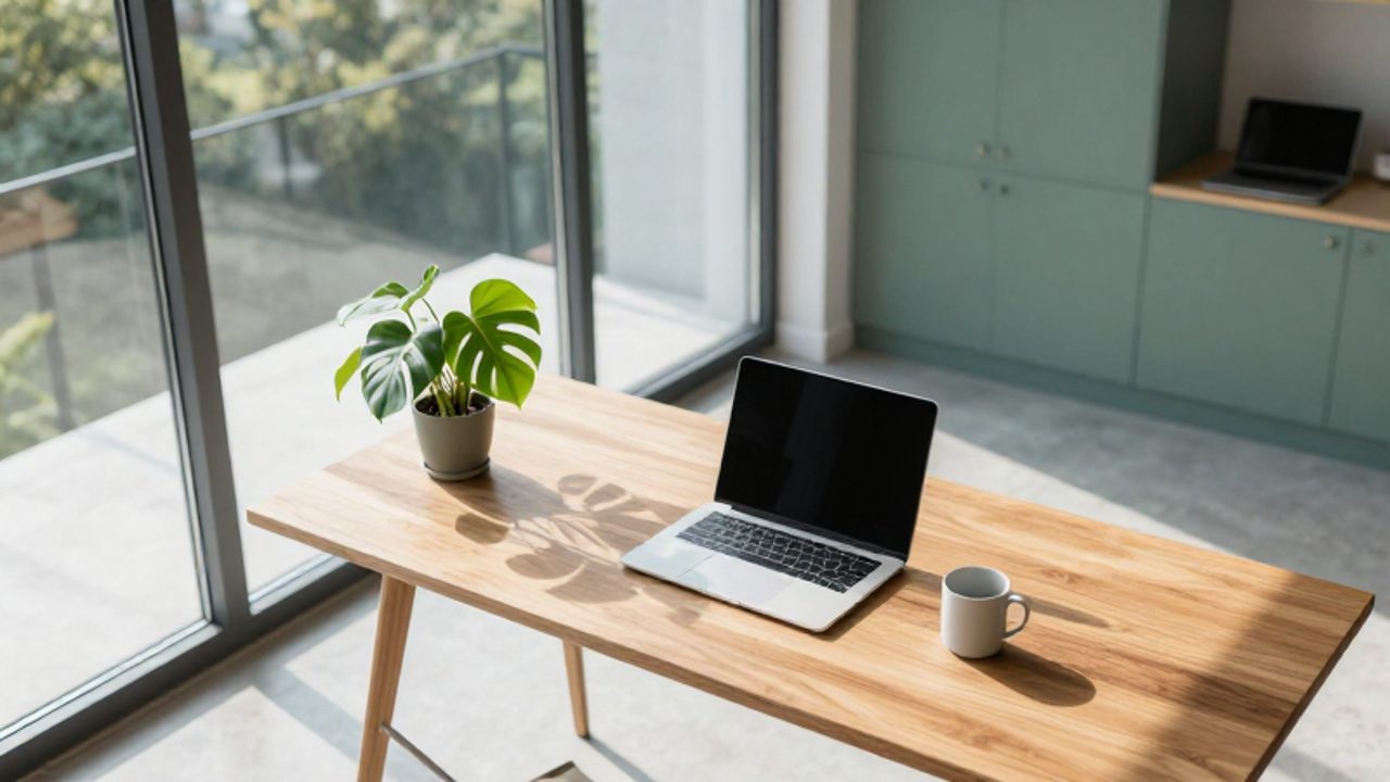Escritorio de madera minimalista y ordenado junto a un gran ventanal que deja entrar la luz natural, con una planta pequeña y un ordenador portátil.
