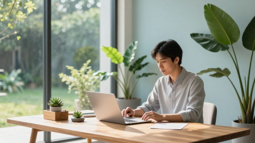 Persona trabajando concentrada en un escritorio de madera en una oficina en casa luminosa y minimalista con plantas naturales.