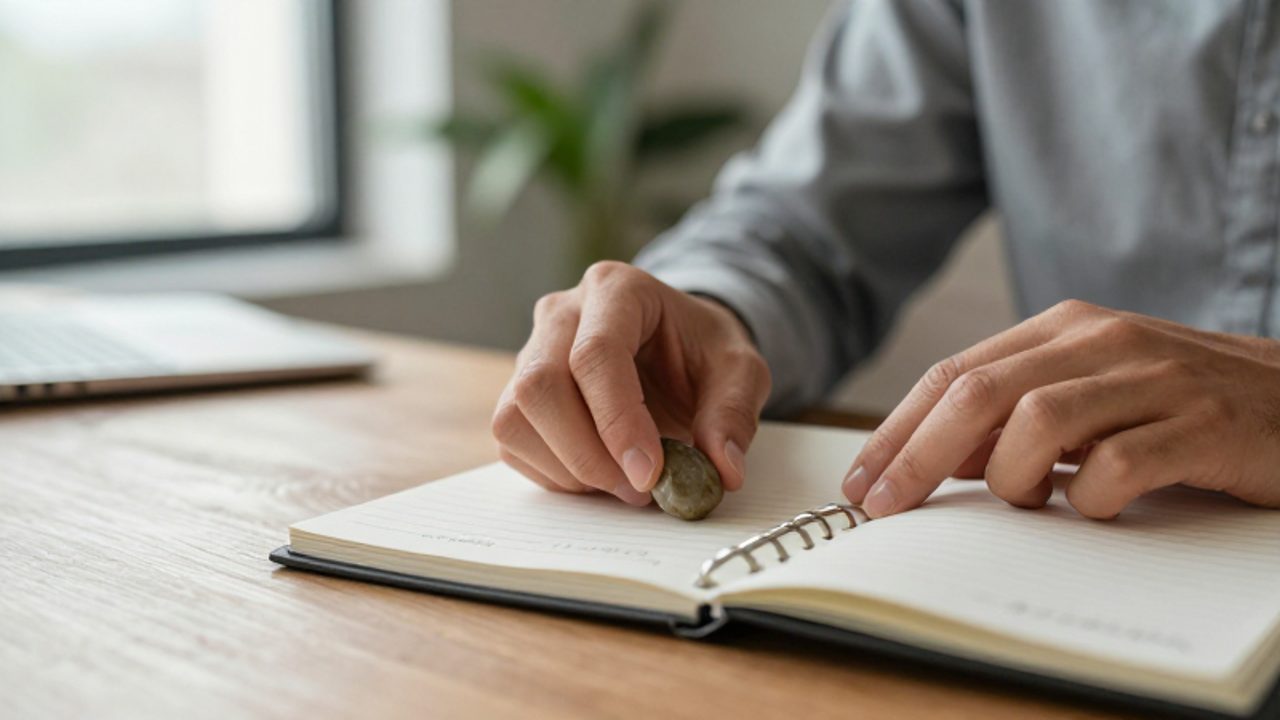 Manos colocando con cuidado una pequeña piedra sobre un escritorio minimalista junto a una agenda, simbolizando la precisión de un microhábito.